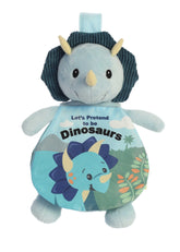 A soft triceratops plush toy from ebba by Aurora with vibrant green body and an attached colorful dinosaur crinkle book